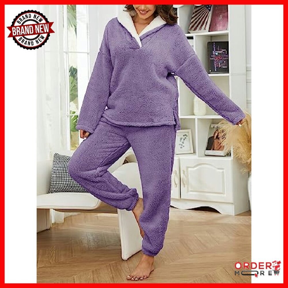 Fleece Pajama Set Women's Long Sleeve Pullover Jogger Pants Lounge Wear - Picture 5 of 8